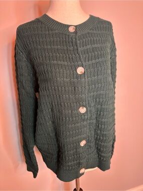 NWT sz M PrettyGarden dark green chunky cotton knit button down cardigan